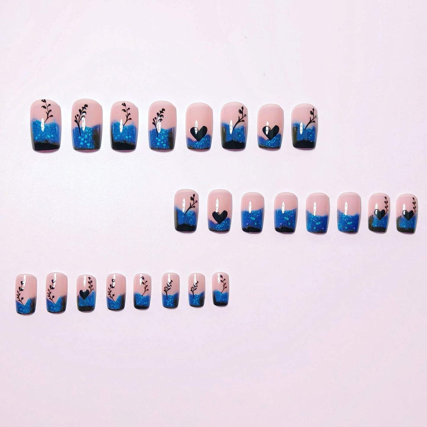24 Pcs Blue Gradient French Tip Press on Nails Short Square Shaped False Nails Heart Love Pattern Designs Glitter Acrylic Fake Nails Full Cover Glossy Artificial Stick on Nail Women Nail Art DIY