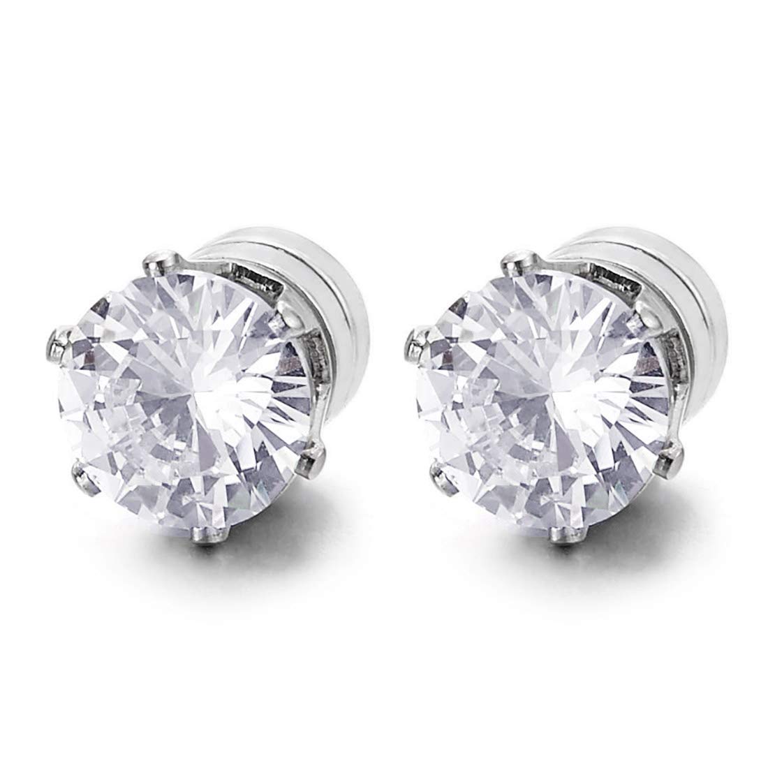 Unisex Magnetic Cubic Zirconia Stud Earrings, 6mm Brilliant Round Stainless Steel Non-Piercing Studs, 1 Pair