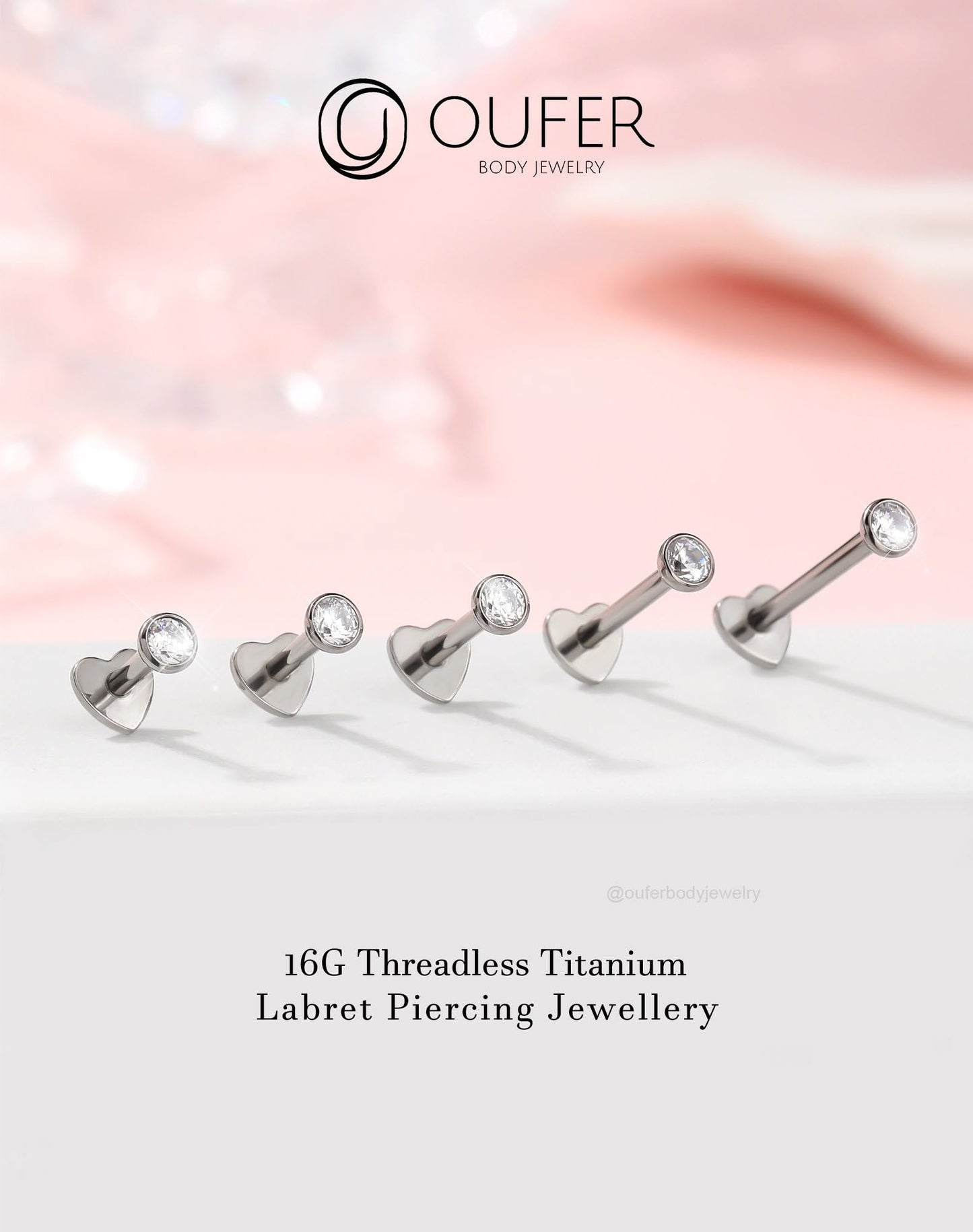 OUFER 2Pcs Conch Earring, 16G G23 Solid Titanium Threadless Stud Earrings Flat Back Heart Shaped Tiny CZ 3MM Silver Helix Cartilage Conch Lobe Piercing Jewelry for Women Men-12MM