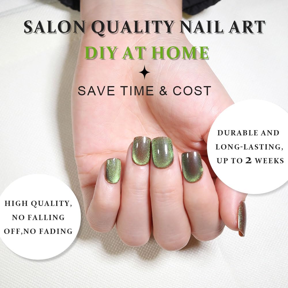 evpct Light Green Cat Eye Extra Short Press on Nails Square No Glue, Petite Short Square Stick on Nails for Women, Light Green Metallic Glitter Glossy Reusable Press on Acrylic Fake Nail with Designs