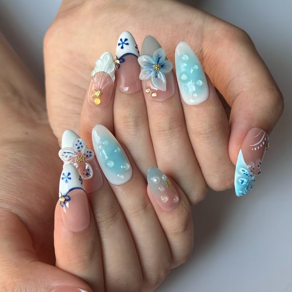 Handmade Press On Nails - MAGLFELL Spring Nails Almond Fake Nails, 3D Blue Carving Floral and French Design, Reusable 10Pcs Acrylic Fingernail Salon Artificial Nails Kit (Size L)