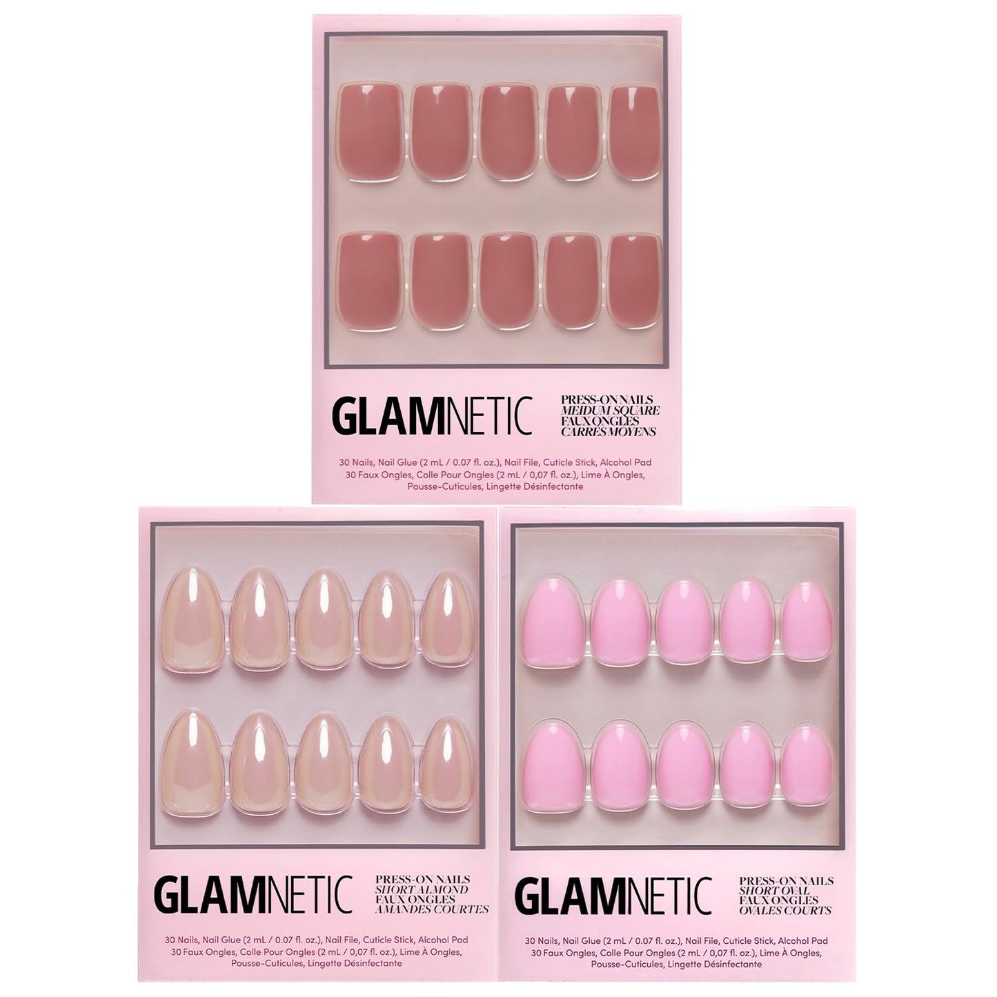 Glamnetic Press-On Nails Bundle - Dusty Pink, Los Angeles & Think Pink | Medium Square Fake Nails, Sheer Mauve Neutral | Blush Nude Pink Short Almond False Nails with a Glazed Finish | Light Pastel Pi
