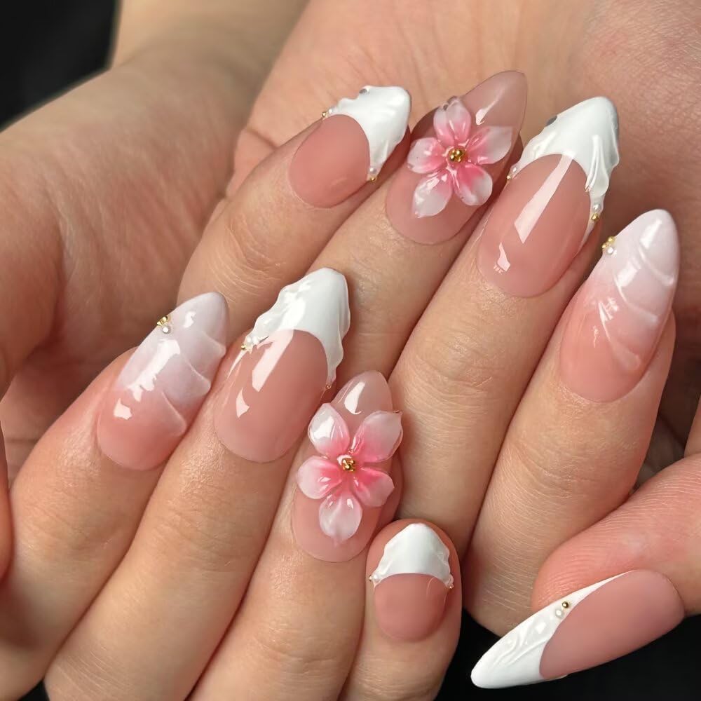 Handmade Press On Nails - MAGLFELL Spring Nails Almond False Nails, 3D Pink Carving Floral and French Design, 10Pcs Reusable Acrylic Fingernail Salon Artificial Nails Kit (Size M)