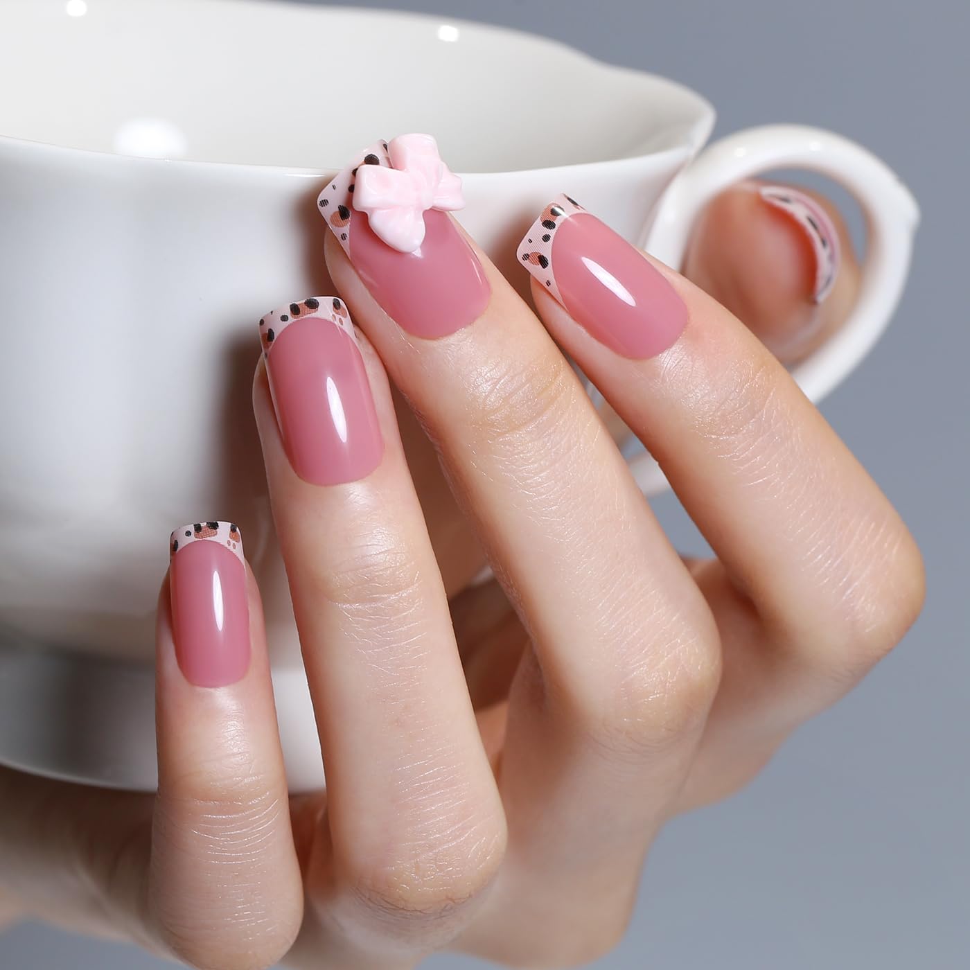 Goolich Leopard French Tip Press On Nails Medium Square, Nude Pink Nails Press ons Bow Charm with Adhesive Tabs, 24 Pcs 12 Size Reusable Full Cover Glue on Nails for Women