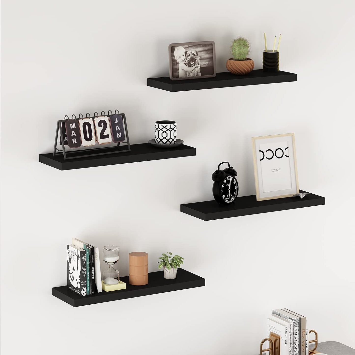 WELLAND Set of 2 Floating Shelves Wall Mounted Shelf, for Home Decor with 8" Deep (Black, 15 inch)