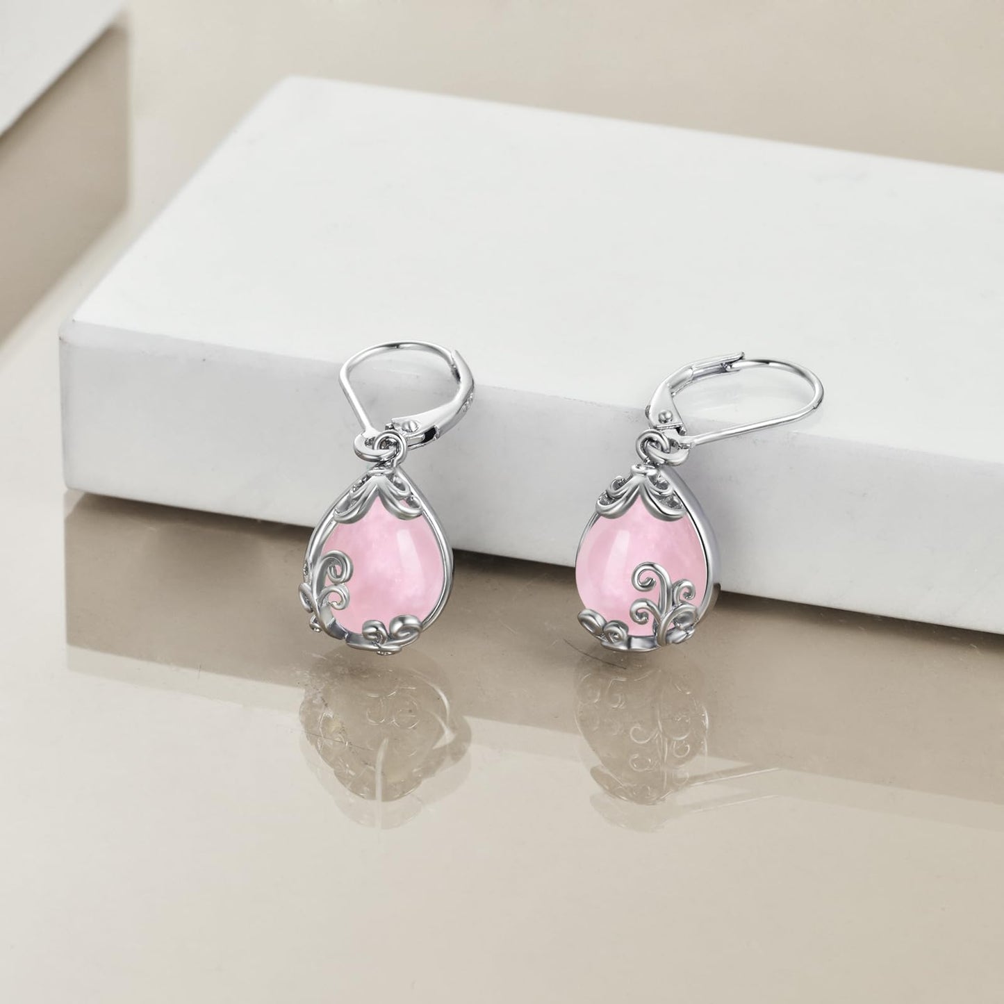 POPLYKE Rose Quartz Filigree Teardrop Drop Dangle Earrings Sterling Silver Pink Crystal Leverback Earrings Jewelry for Women