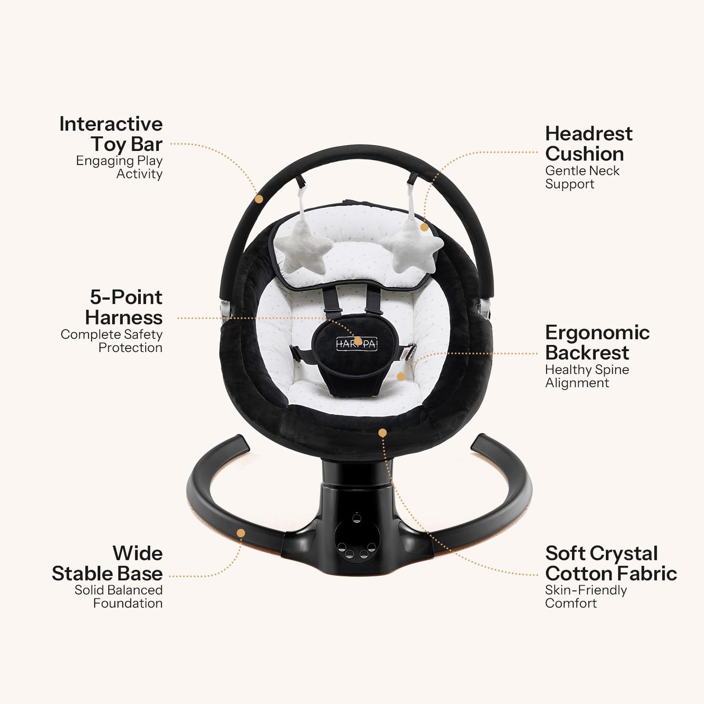 HARPPA Weddell Lite Electric Baby Swing for Infants with Music Speaker, 5 Adjustable Speeds, 5-Point Safety Harness, Timer Function, Compact Design for Indoor & Outdoor Use,Black