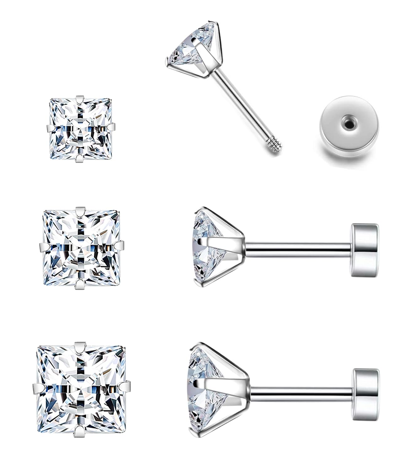 Princess Cut Square CZ Stud Earrings Flat Back, Screw Back Small Silver Clear Cubic Zirconia Studs Earrings Set for Women Men, Pack of 3 Pairs (3mm 4mm 5mm)