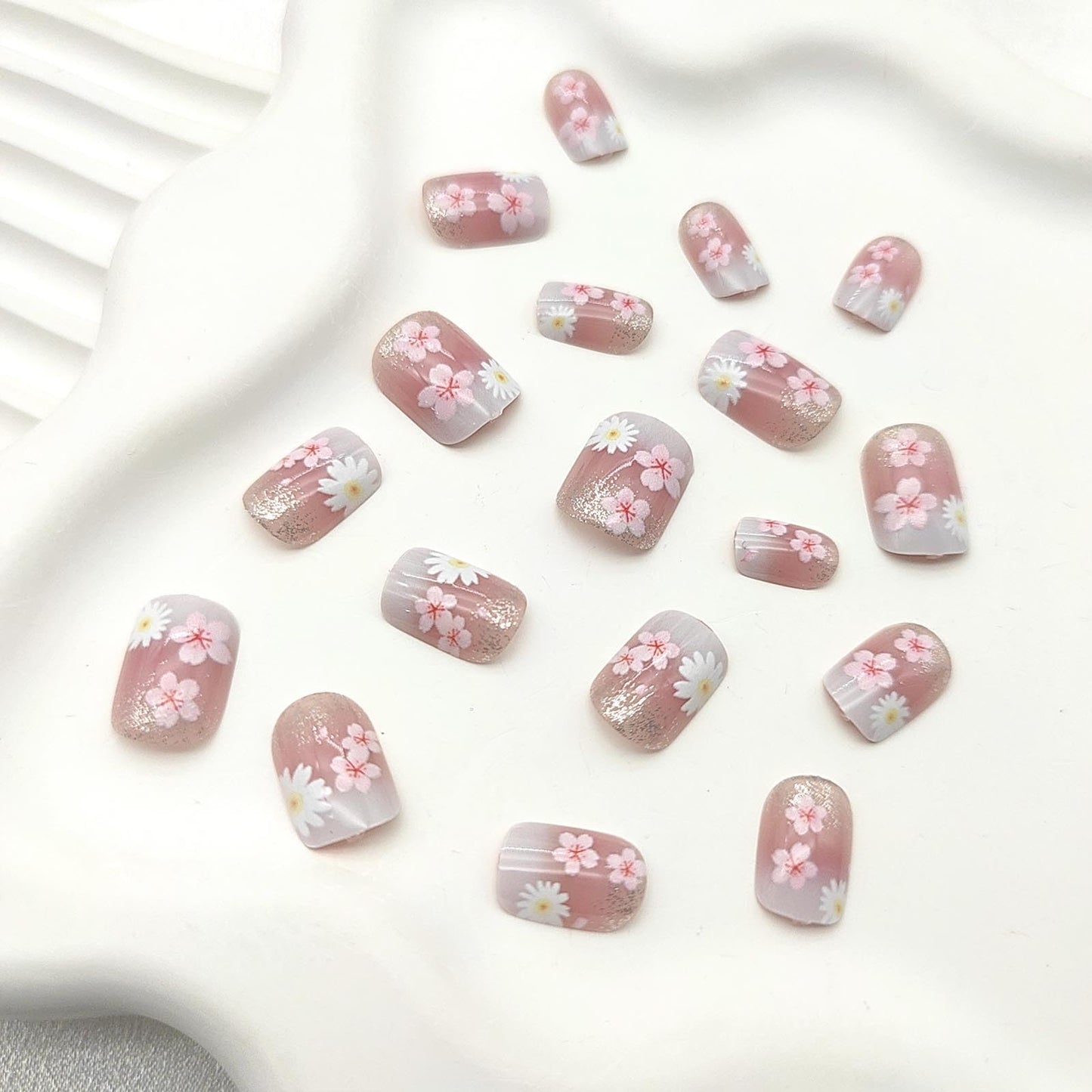 Flower Press on Nails Short Square Fake Nails with Floral Glitter Designs Spring Nails Press ons Pink White Glue on Nails Cute False Nails Summer Stick on Nails for Women 24Pcs