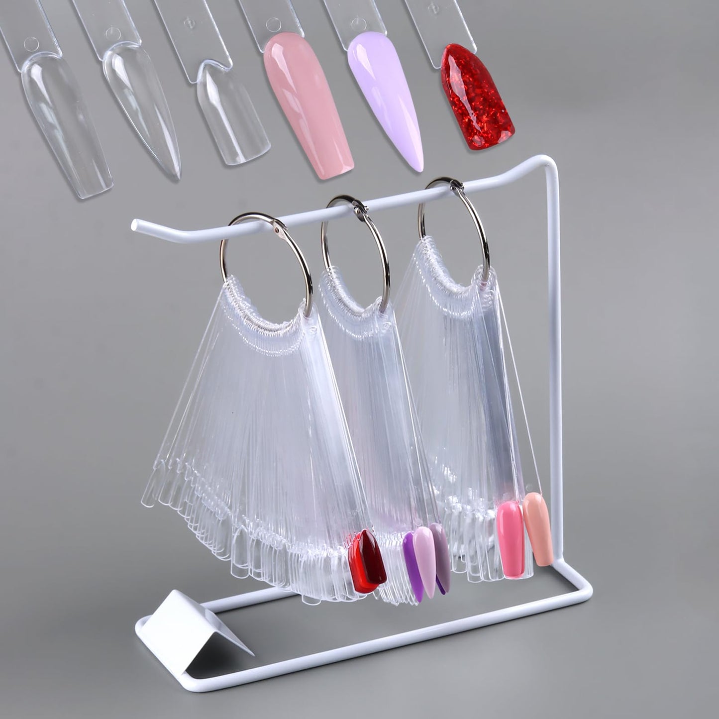 150 Pcs Nail Swatch Sticks with Ring & Nail Art Display Stand Storage Rack, Clear Fan-shaped Display for Nail Art Polish Practice, False Nail Sample Tips Nail tech Supplies for Home or Salon Use