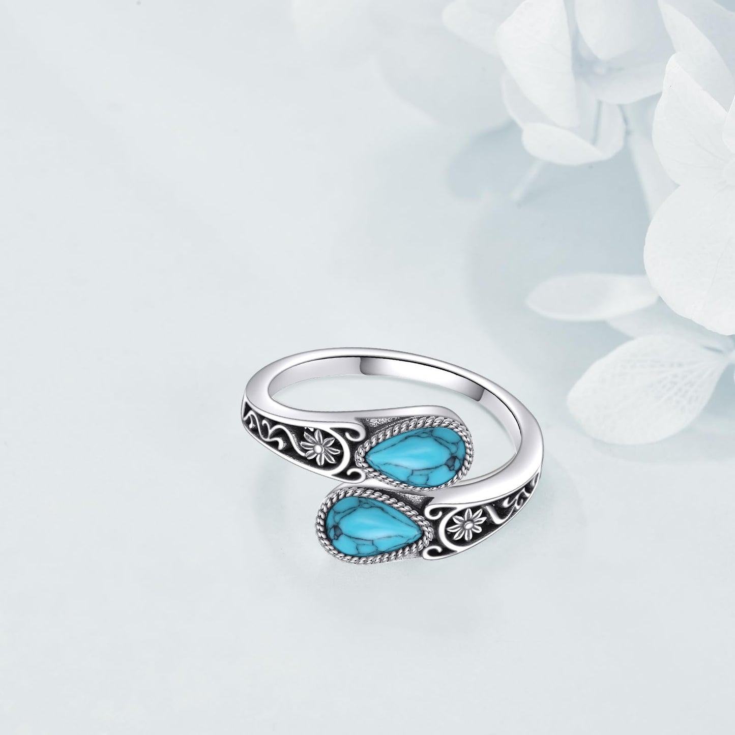 POPLYKE Turquoise Filigree Spoon Ring Sterling Silver Boho Western Turquoise Open Ring Statement Jewelry Gifts for Women