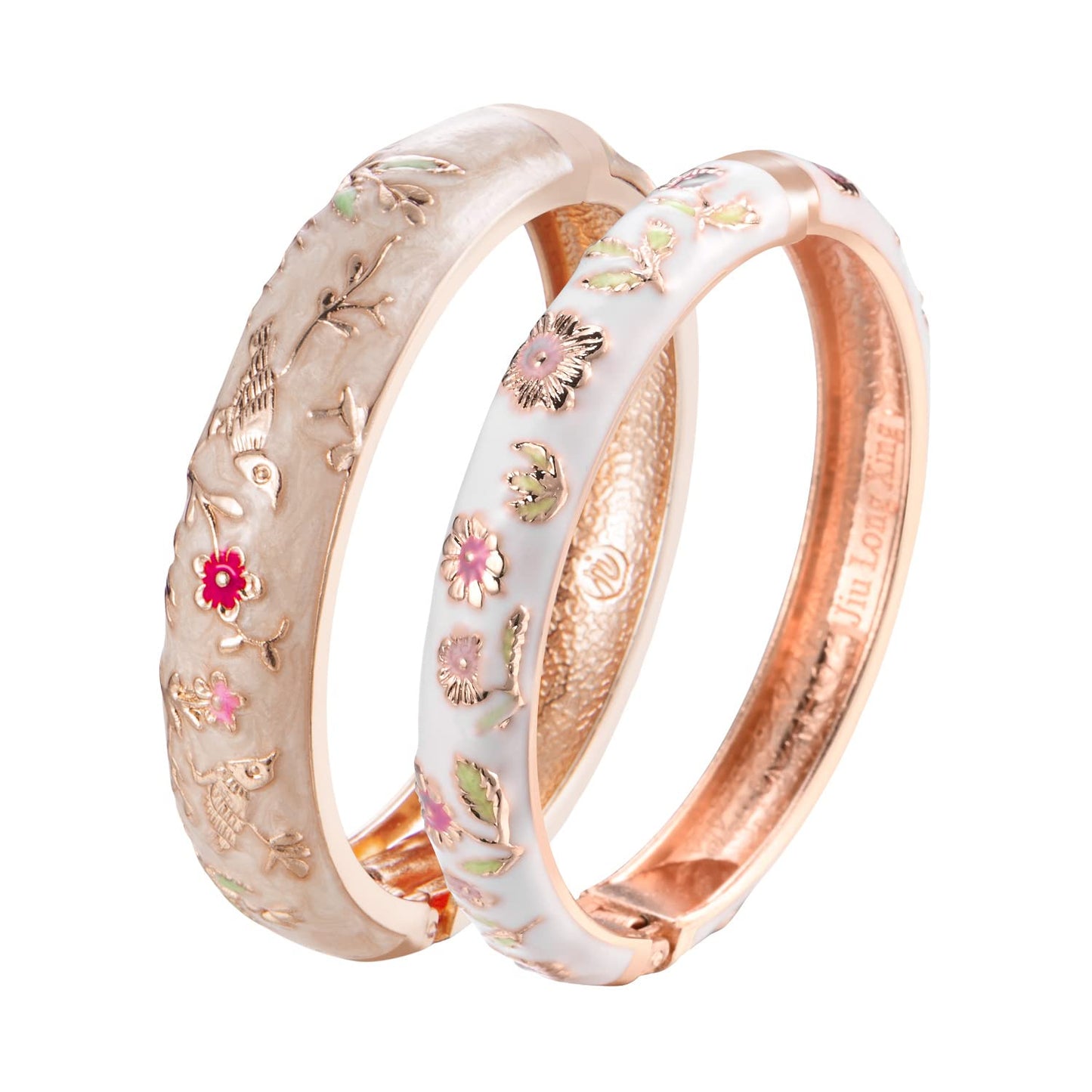 UJOY Colors Handcraft Jewelry Cloisonne Bracelet Enamel Bird Spring Hinged Womens Bangles Gifts Box 55C49-55A18 Cream and White