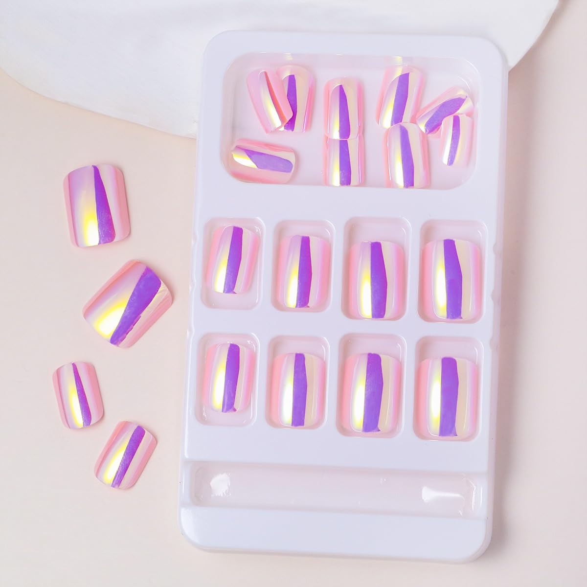 Purple Chrome Press on Nails Short Square Fake Nails Aurora False Nails with Design Mirror Metal Plating Acrylic Nails Glue on Nails Glossy Stick on Nails for Women Girls Manicure 24Pcs