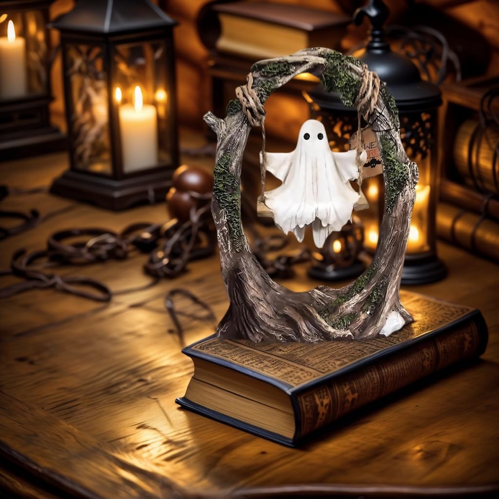 AZYM Ghost Halloween Decor,Ghost on a Tree Swing,Cute Funny Swinging Ghost Halloween Figurine Decoration,for Indoor Desktop Bookshelf Outdoor Garden Patio Lawn Decor