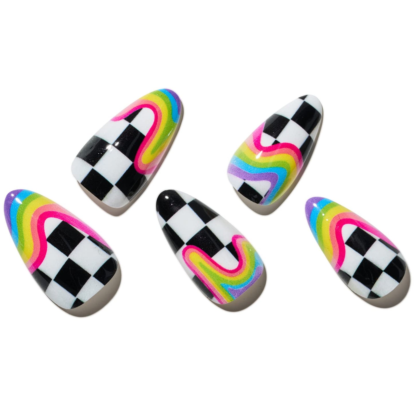 GLAMERMAID Rainbow Press on Nails Medium Almond, Y2K Rainbow Crush Gel Glue on Nail with Checkerboard Color, Glossy Short Stiletto Reusable Fake Nails, Acrylic False Nails Manicure Kit for Women