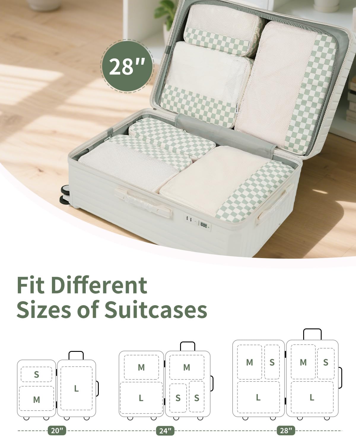 Narwey 7 Set Checkered Packing Cubes for Travel Kids Women, Durable Packing Organizer Bags for Carry on Suitcase Luggage Travel Essentials Accessories (Mint Green Checkerboard)
