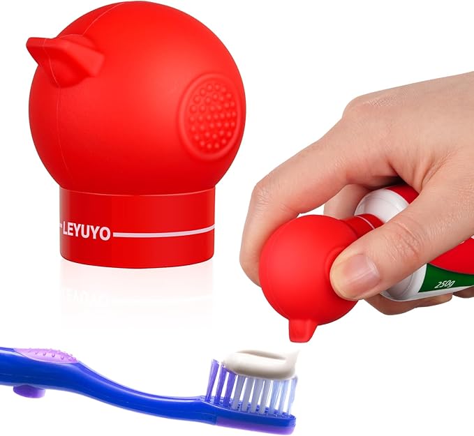 Upgraded Silicone Vacuum - Pump Toothpaste Squeezer Dispenser with Self-Closing Cap, Fits Most Toothpaste Tube, Precise Dosing, Clean & No Waste for Kids(Red)