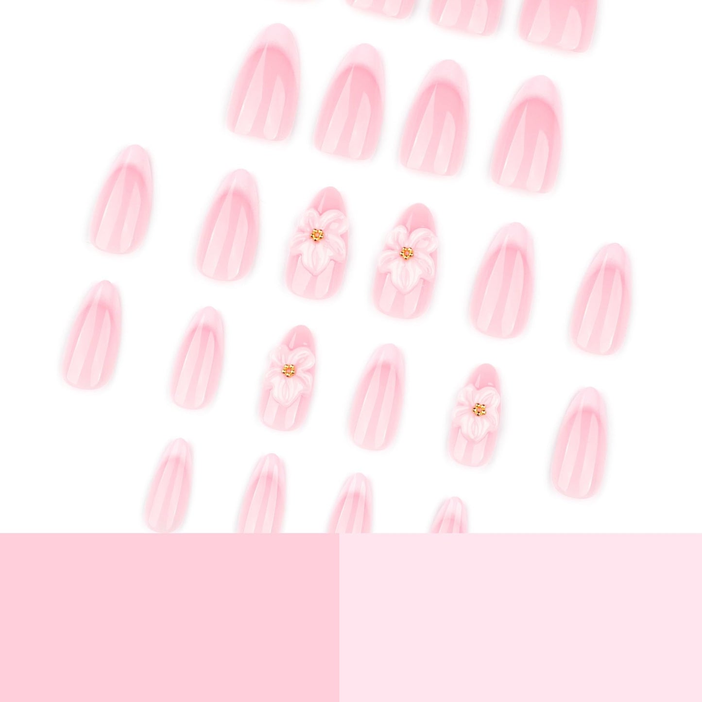 CTTHNBD Medium Press on Nails Almond - French Tip Fake Nails with 3D Flower Design - Glossy Stick on False Nails - for Women 24 Pcs