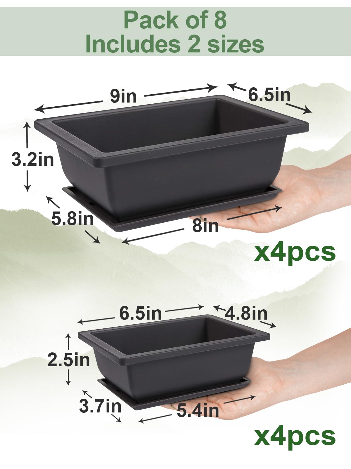PAMASE 8 Packs Bonsai Training Pot with Humidity Tray - 6.5in & 9in Training Nursery Pots Kit, Plastic Plants Growing Planter with Drainage Tray, Indoor Succulents Decor Garden