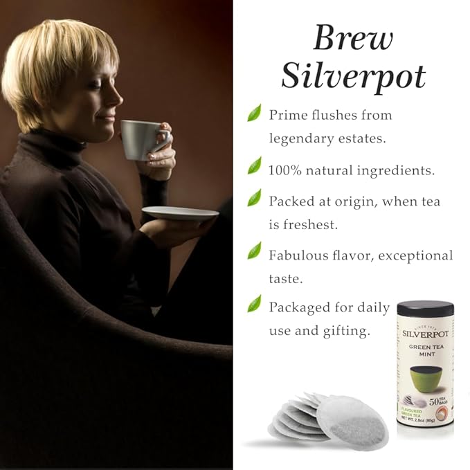 Silverpot Green Tea & Mint - 50 Round Tea Bags | 100% Natural, Peppermint | Caffeinated | Antioxidant Rich | Reusable Tin