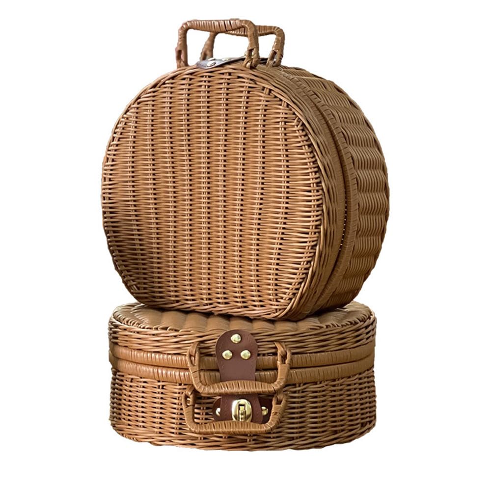 Vintage Rattan Basket, Round Woven Picnic Basket Purse with Handle Small Suitcase Retro Weaving Vine Weaving Carrying Case Gift Box for Beach, Travel & Daily Use. (M)