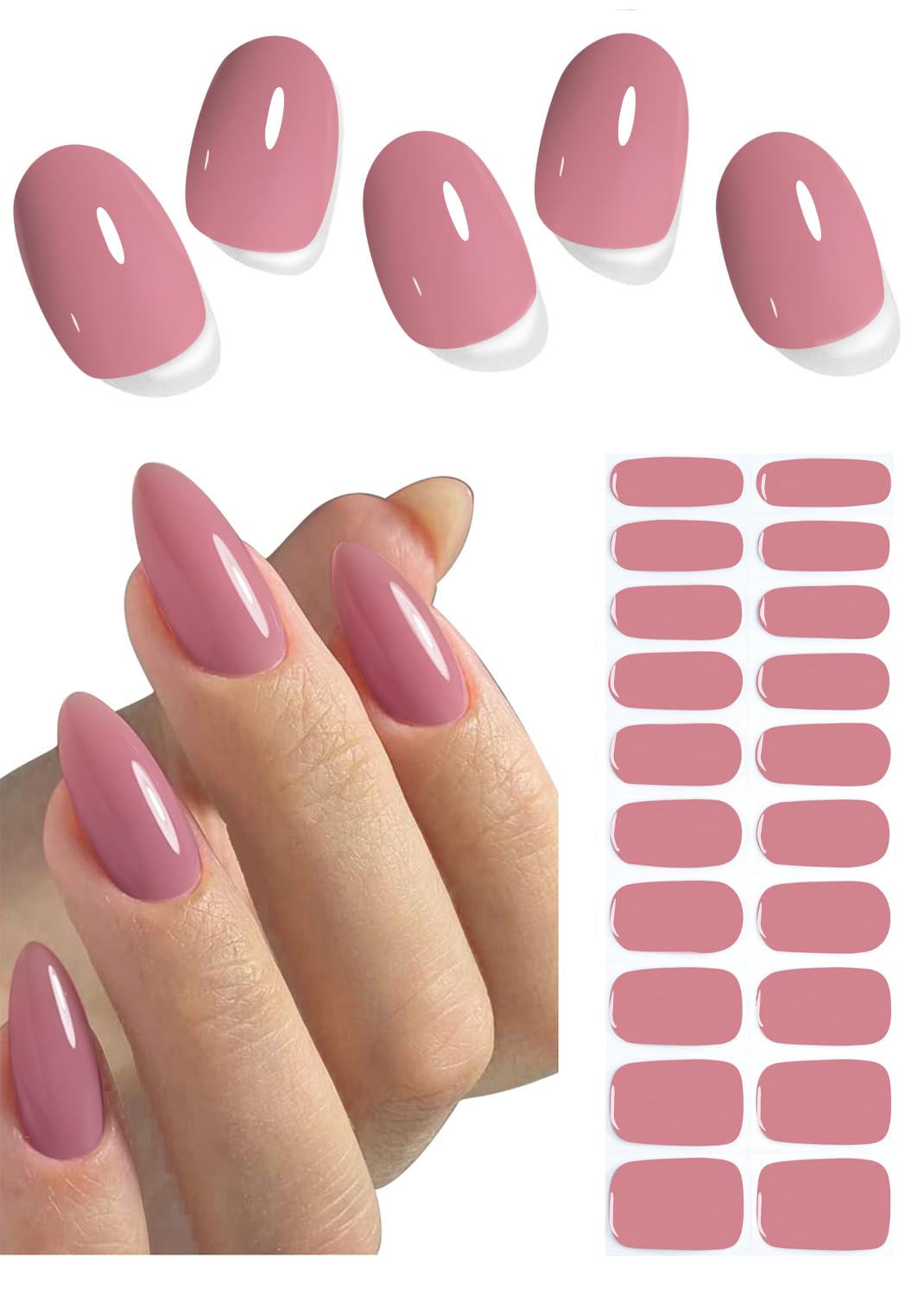 Semi Cured Gel Nail Strips, Rose Pink, 20pcs Gel Nail Stickers Work with UV, Easy to Use and Remove