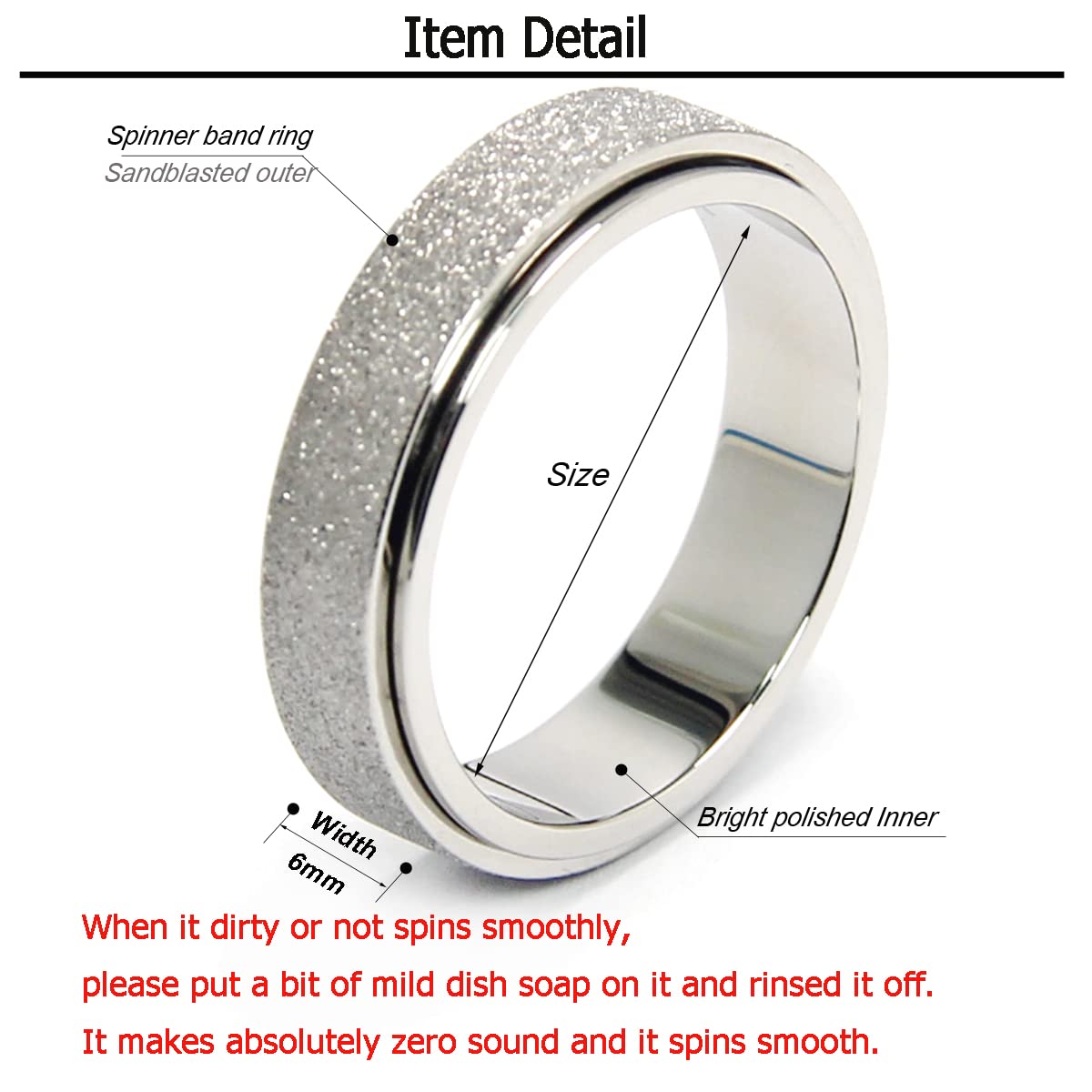 OreilleStar Anxiety Ring for Women Men Fidget Spinner Thumb Ring Titanium Stainless Steel Size 9 Width 6MM Silver Hand Polished