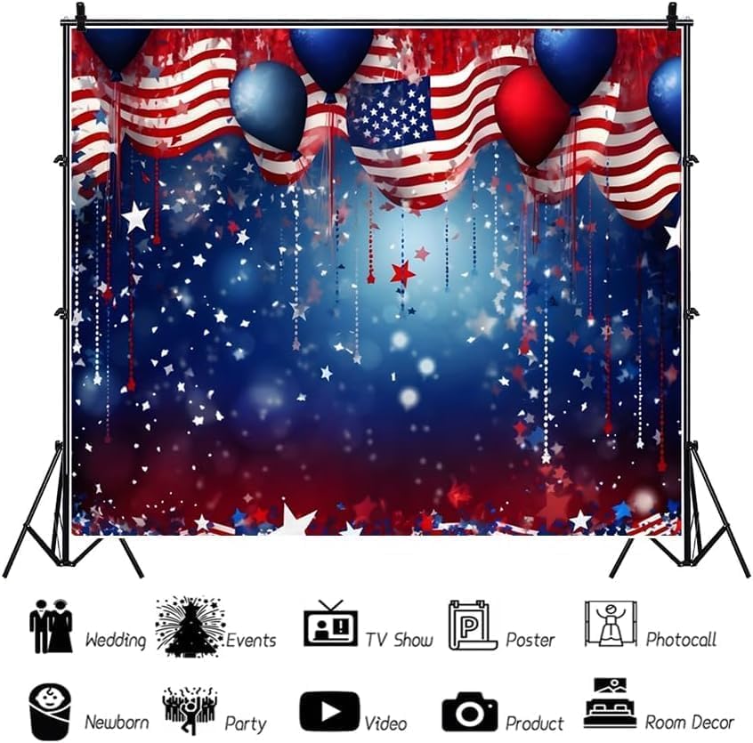 4th of July Backdrop Patriotic Backdrop American Flag Independence Day Veteran Day Banner Favors Red White Blue Stars Balloons Bokeh Photo Background Studio Props 9x6ft - color: Deep Blue, size: 9x6ft