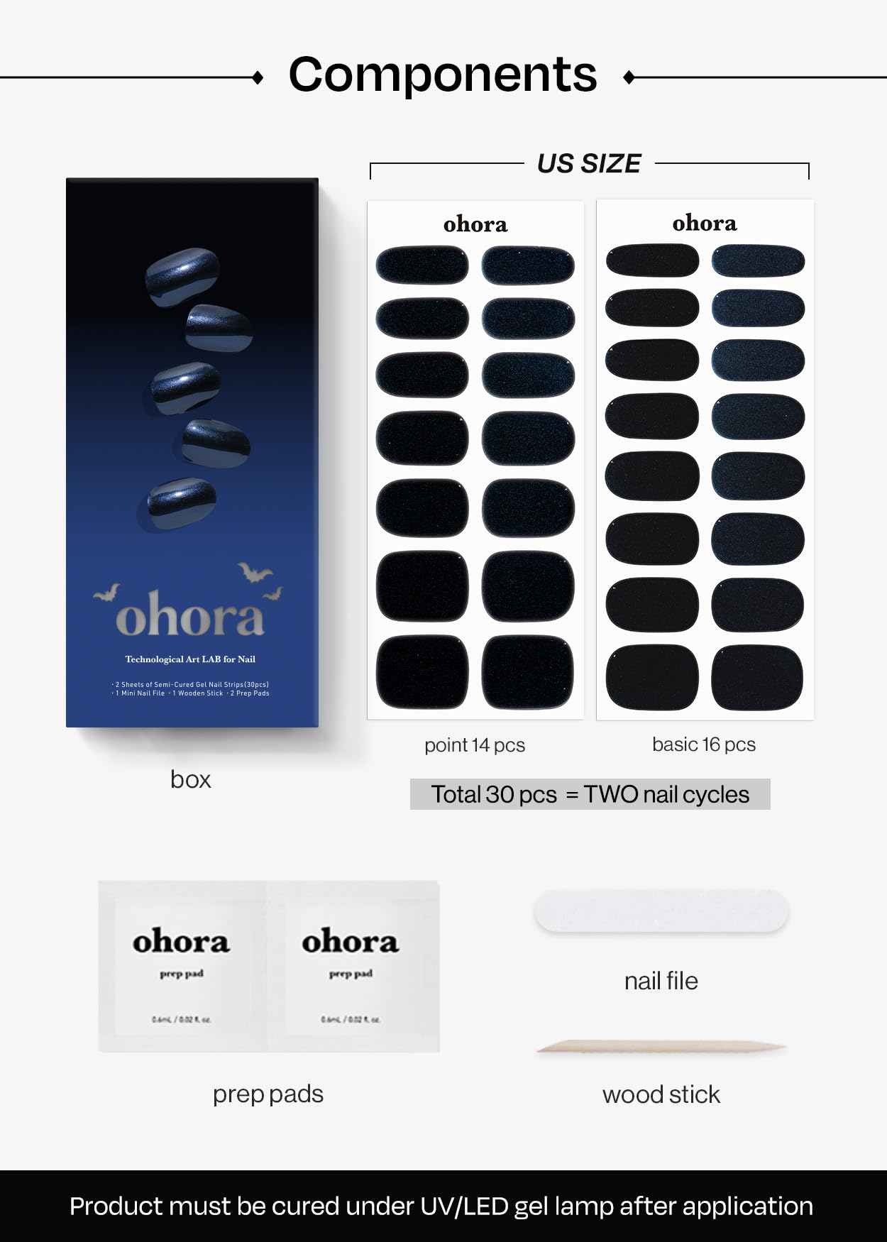 ohora Semi Cured Gel Nail Strips (N Navy Chrome) - Works with Any Lamps, Salon-Quality, Long Lasting, Easy to Apply & Remove - Includes 2 Prep Pads, Nail File & Wooden Stick