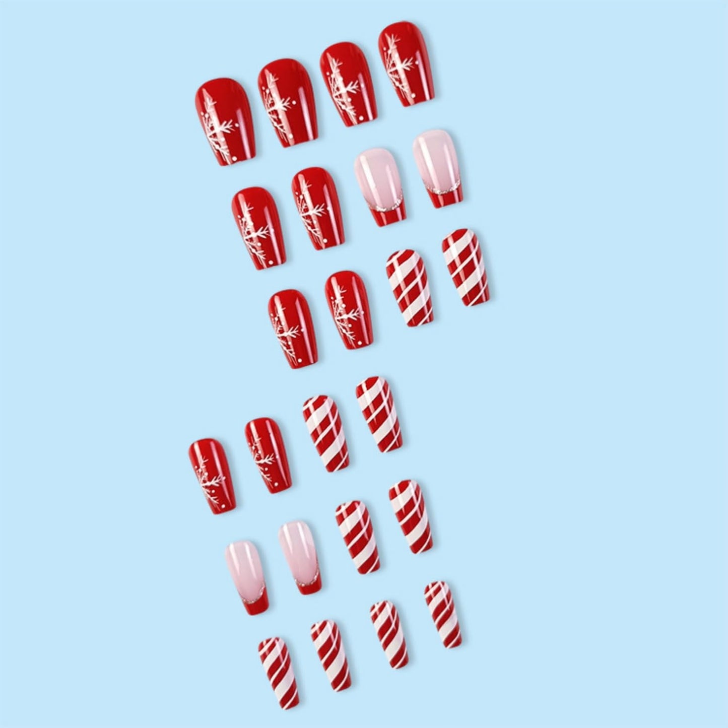 Winter Holiday Press on Nails Medium Christmas Fake Nails with Stripe Snowflake Design Red Christmas False Nails Xmas Acrylic Nails Glossy Full Cover Stick on Nails for Women Girls 24Pcs