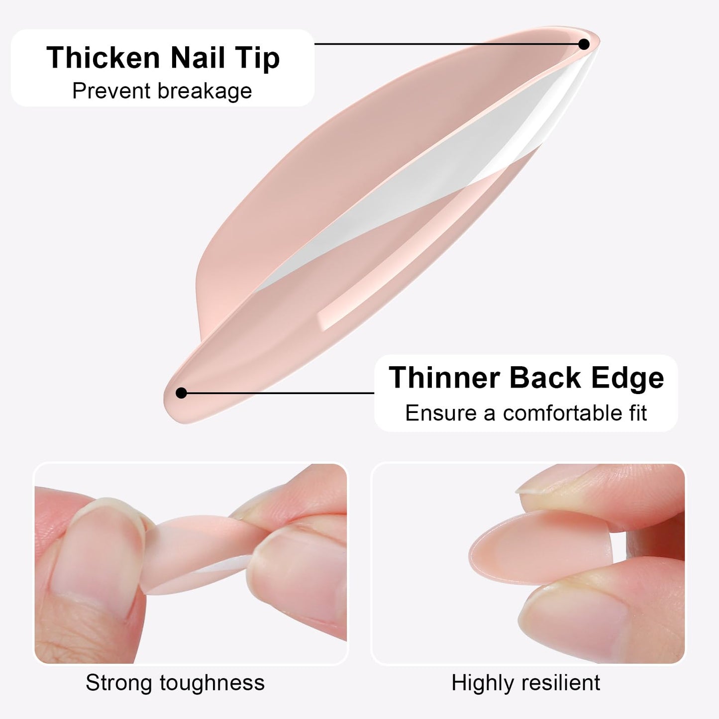 French Almond Gel Press On Nails Short 16 Sizes Fake Nails Glossy 32pcs, Nail Glue Included