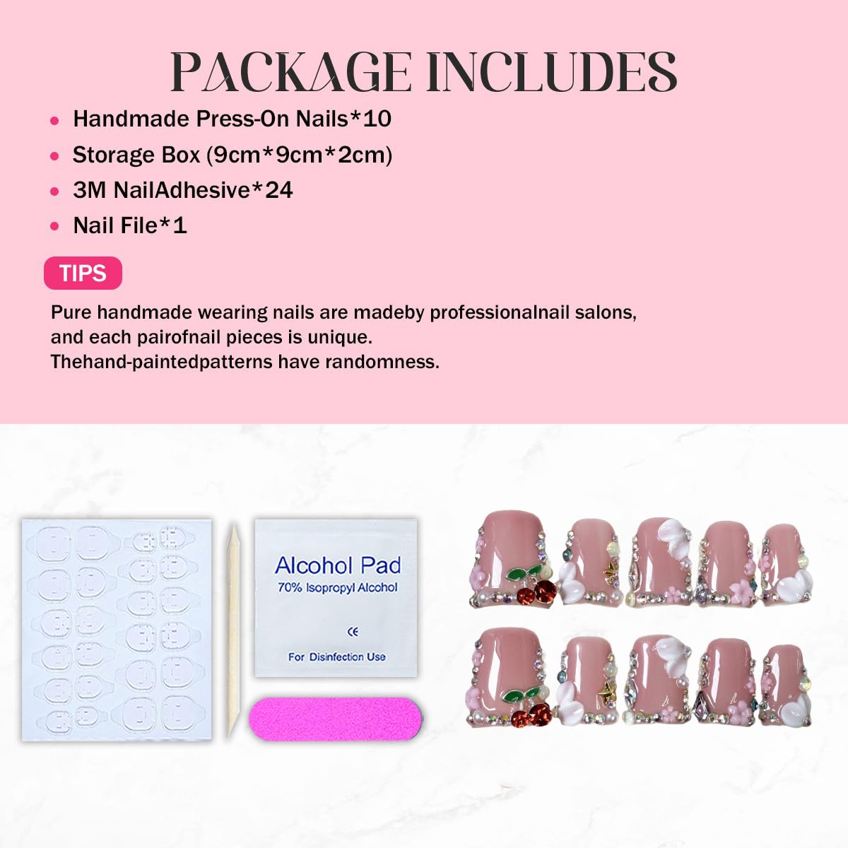 Duck Press on Nails Duck Handmade Press on Nails 3D Luxury Rhinestone Cherry and Pearl Acrylic Fake Nails Designs Flower Stick on Nails Full Cover Thickened False Nails for Women Nail Art DIY（M)