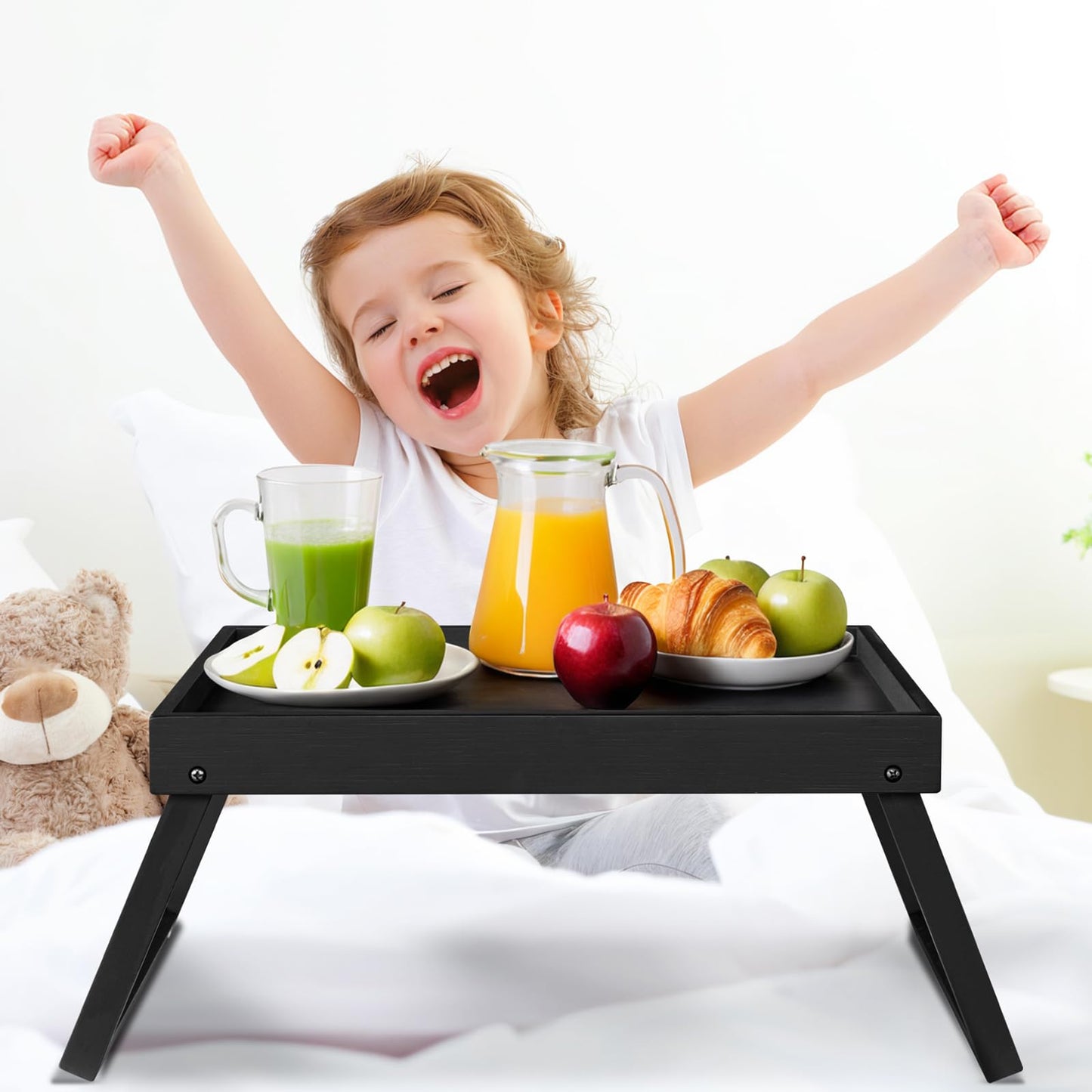 Bamboo Bed Tray Table with Folding Leg, Breakfast in Bed Tray for Eating,Kitchen Serving,Food, Sofa, Snacking or Working, Laptop Desk Dinner(1, Black)