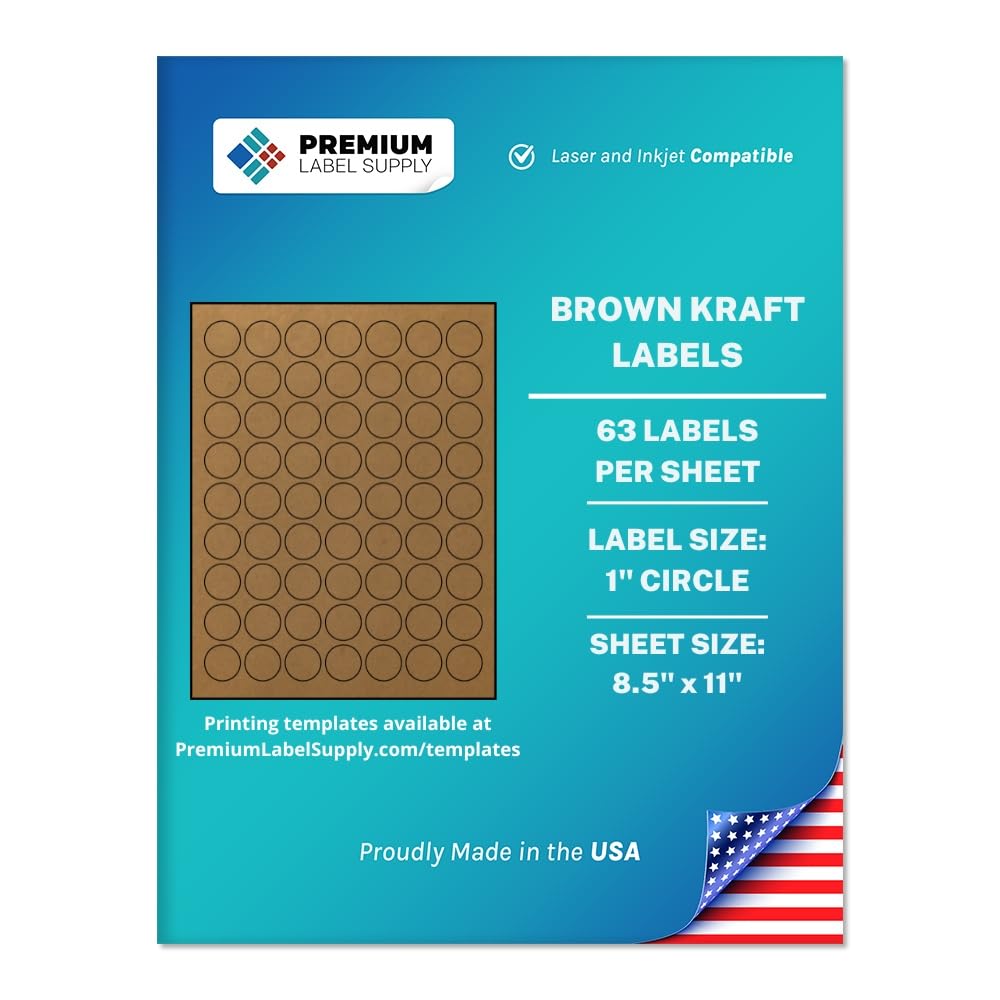 Premium Label Supply Brown Kraft Sticker Round Labels – 1" Circle – Laser/Inkjet Compatible – (63 per Sheet), 25 Sheets – 1575 Total Adhesive Labels