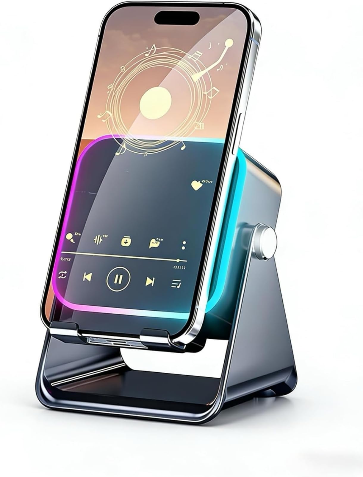 5-in-1 Wireless Induction Speaker,360°Adjustable Phone Stand with Wireless Bluetooth Speaker, Stereo Sound, Multiple RGB Ambient Lights,3500mAh Rechargeable Compatible with iPhone Gifts for Men Women