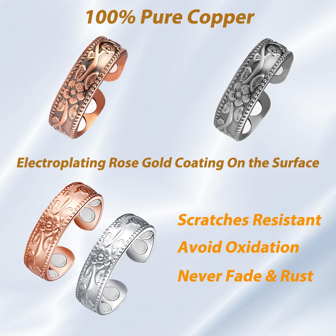 Vicmag Copper Magnetic Ring for Women, Magnetic Rings Ladies Fingers Thumb 100% Solid Pure Copper Jewelry Gift Adjustable (4PCS Flower)