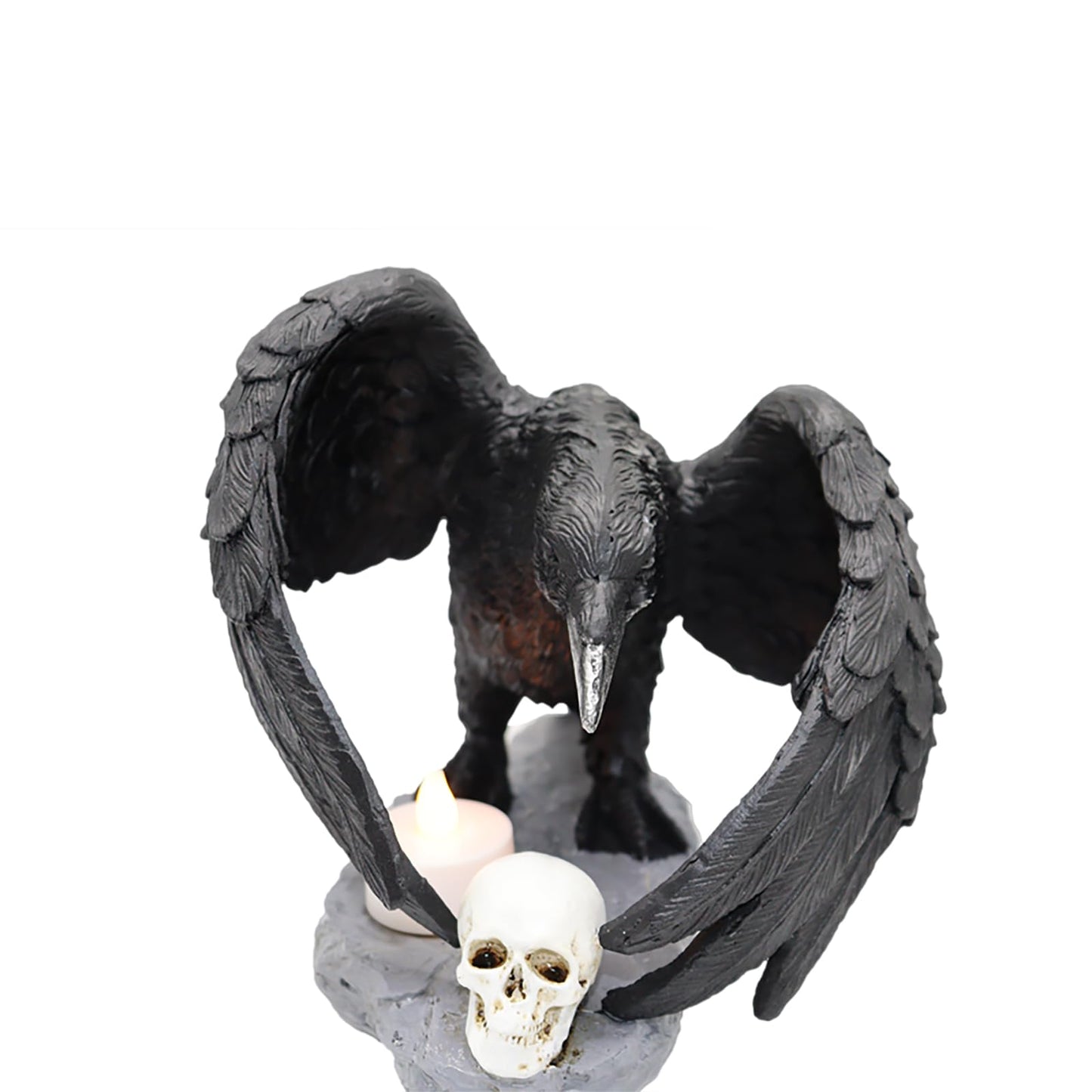 NVSHIQWEI Gothic Crow Light Holder Halloween Candle Holder, Fake Raven Tealight Holder with Skull Base, Resin Statue for Indoor Spooky Home Decor(Large)