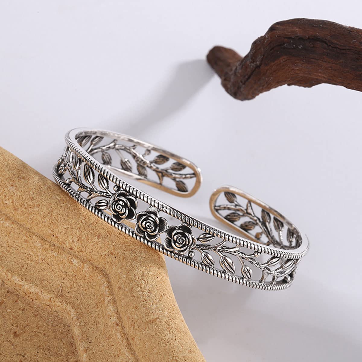 FUTIMELY Silver Leaf Vintage Adjustable Feather Bracelet Trendy Hollow Rose Flower Leaves Cuff Bangle Wedding Bangle for Women Men