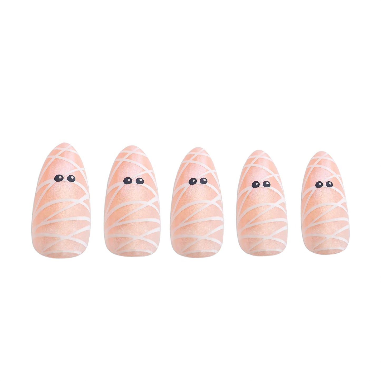 PaintLab Press On Nails - Mummy Glaze Halloween Almond Fake Nails, 30 Nails in 15 Sizes with Glue, Reusable Salon Quality Press On Nails