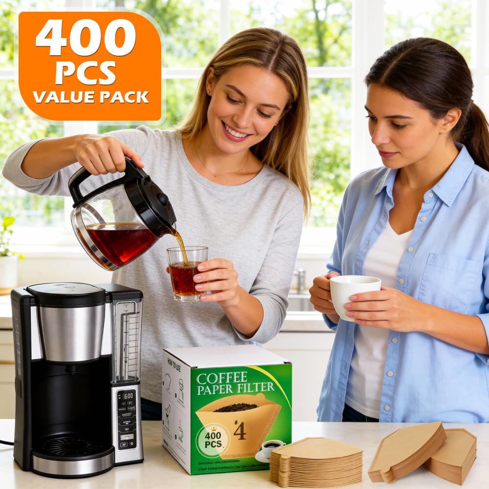 BYKITCHEN 400PCS #4 Cone Coffee Filters Fits 8-12 Cup & 14 Cup Coffee Makers, Size 4 Unbleached Disposable Coffee Filter Paper, Compatible with Ninja, Cuisinart 12-Cup/ 14-Cup & Drip Coffee Machine