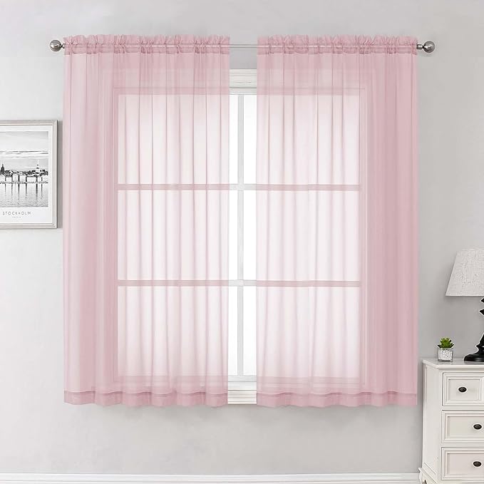 Lecloud Blush Pink Sheer Curtains 63 Inch Length 2 Panels Set, Rod Pockets Voile Bedroom Curtains for Living Room, Soft Light Filtering Window Treatments Drapes for Bathroom, Each Panel 59" W x 63" L