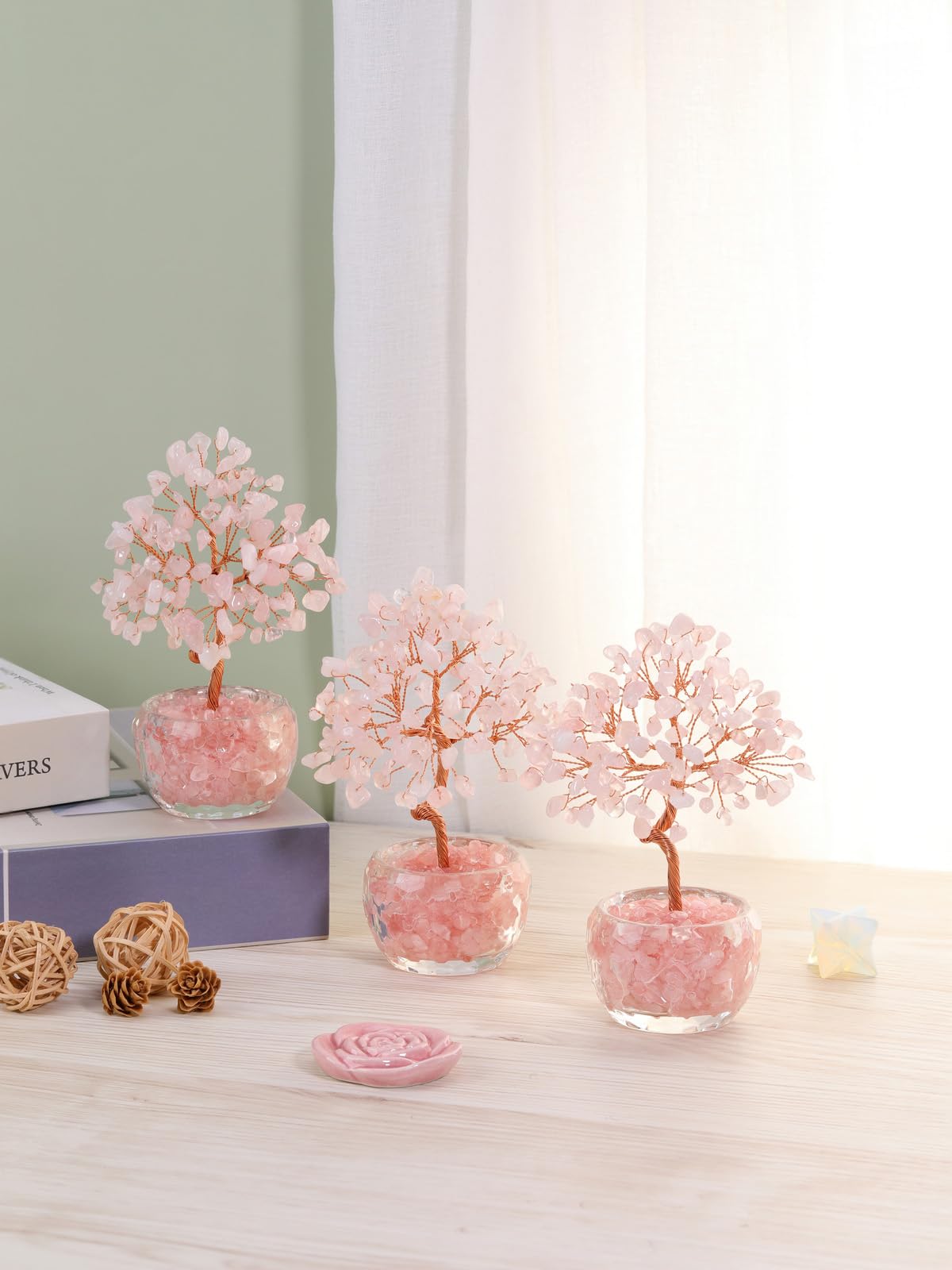 Top Plaza Healing Crystals Rose Quartz Crystal Tree with Glass Base Handmade Natural Gemstone Life Tree Mini Bonsai Money Trees Good Luck Home Office Desk Decor