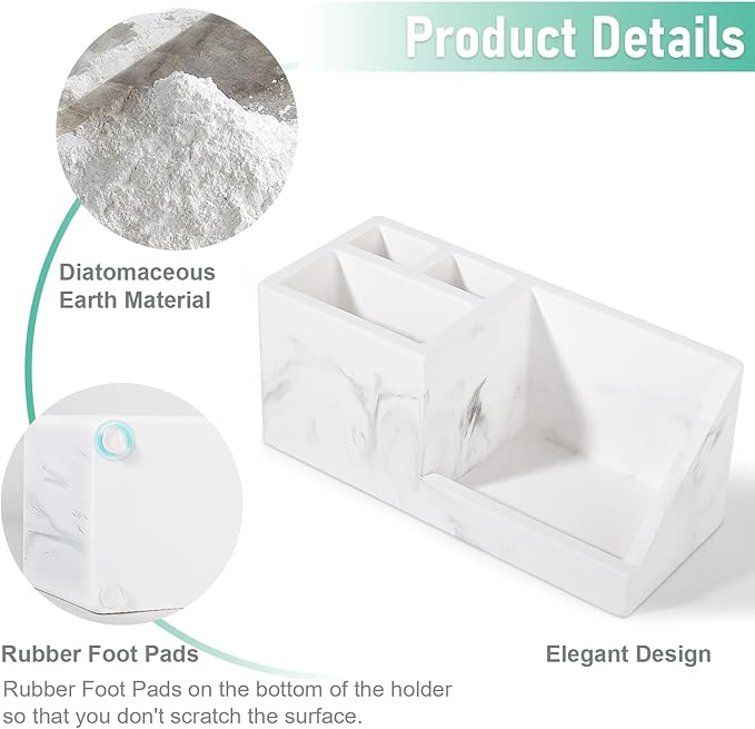 Diatomite Toothbrush Holders for Bathrooms, Quick Dry Electric Tooth Brush and Toothpaste Organizer Bathroom Accessories for Countertop, Vanity, Sink - Marble White
