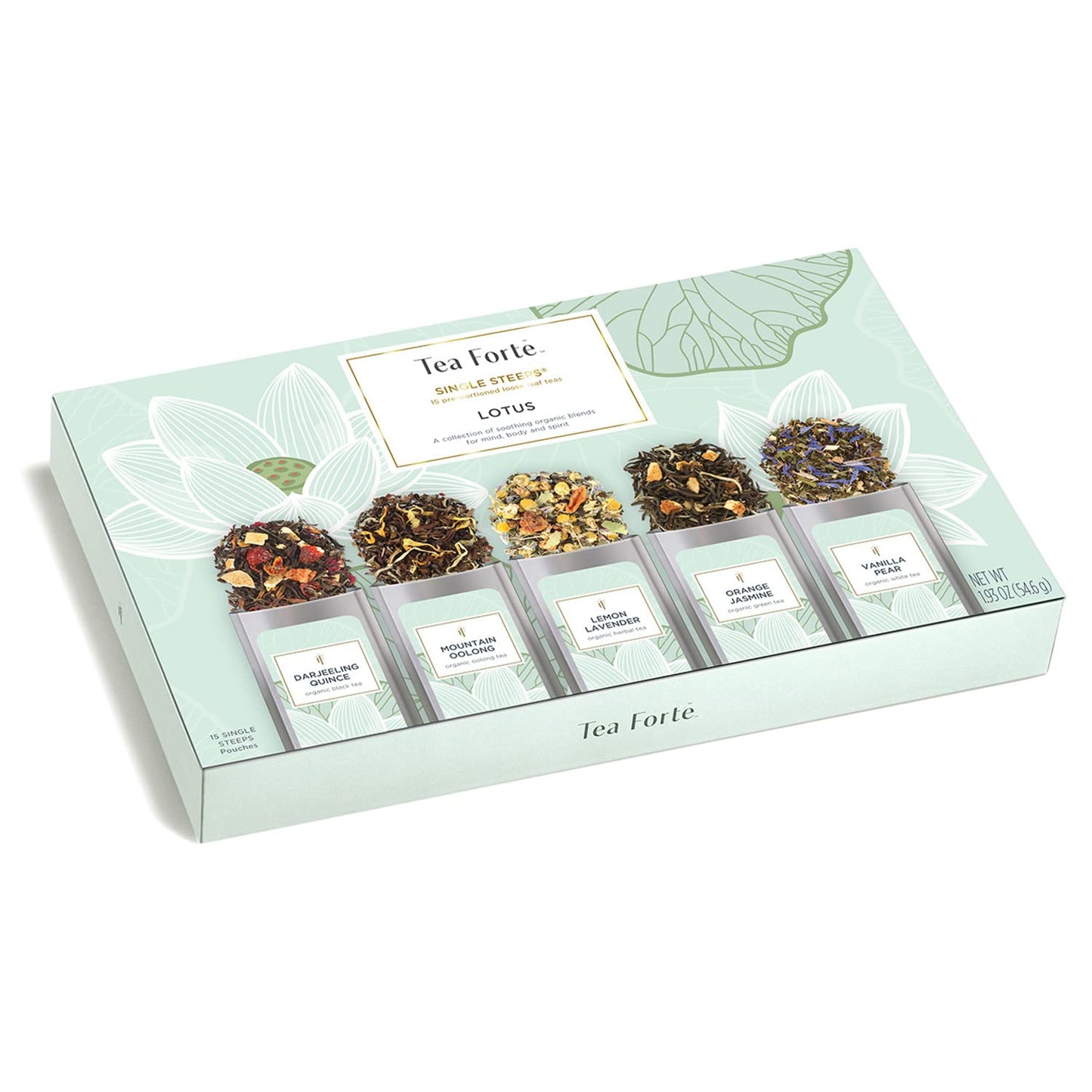 Tea Forte Single Steeps Loose Leaf Tea Sampler, Assorted Variety Tea Box, 15 Single Serve Pouches, Gifts for Mom, Lotus Tea