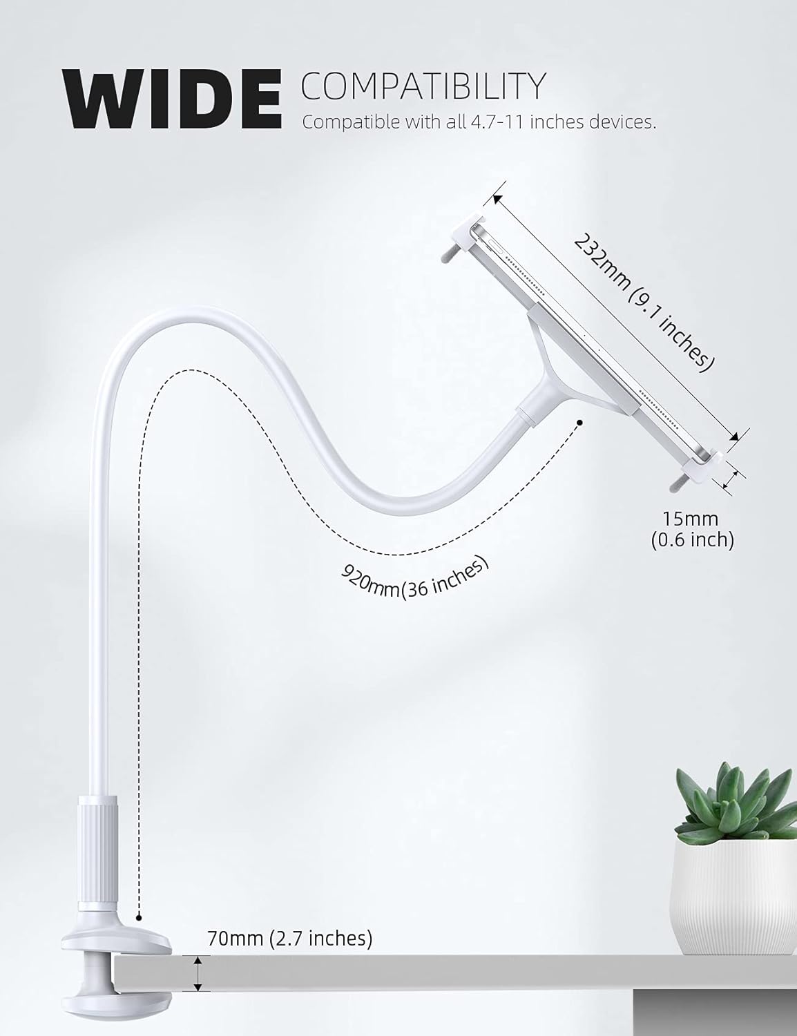 Lamicall Gooseneck Tablet Mount Holder for Bed Flexible Tablet Arm Clamp for Bed Compatible with Pad Pro 10.5, Air 9.7, Mini 7.9, Galaxy Tabs, Switch, More 4.7-11" Device - White