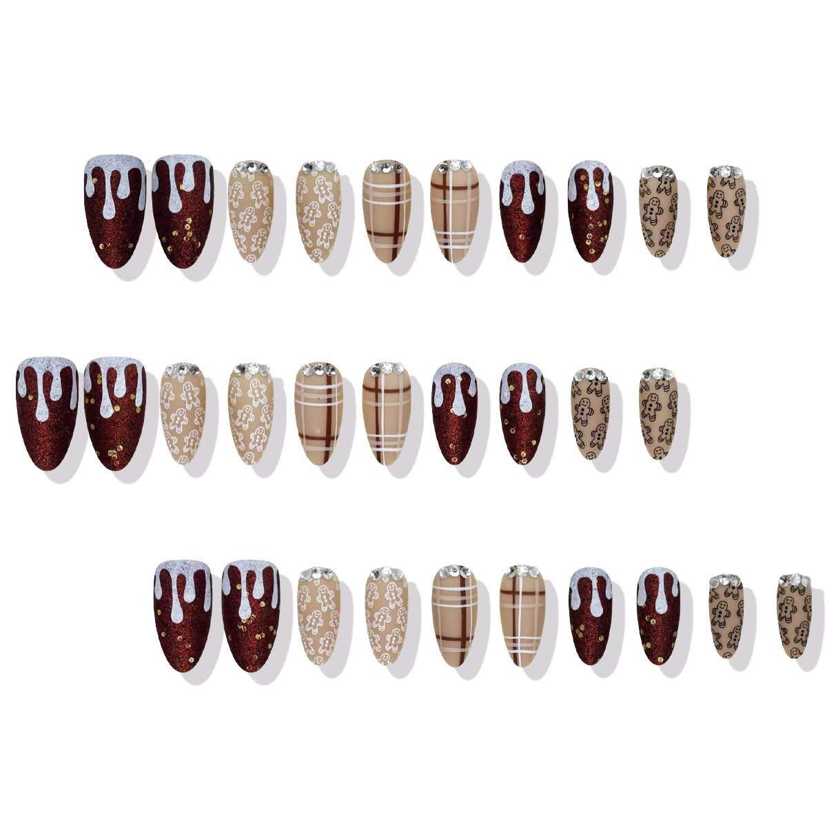 30Pcs Christmas Press on Nails Medium Almond Fake Nails with Rhinestone & Stripe Designs Full Cover Reusable Acrylic Nails Brown Gingerbread Man Xmas False Nails for Women
