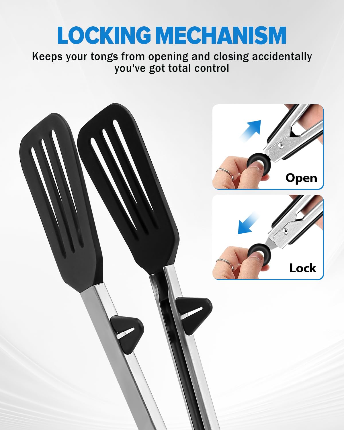 Kitchen Tongs for Cooking, Non Scratch Silicone Tip for Nonstick Cooking Pans, Food Grade Mini Serving Tongs, Pull Lock, Set of 3, Black (BLack, 12 inch)