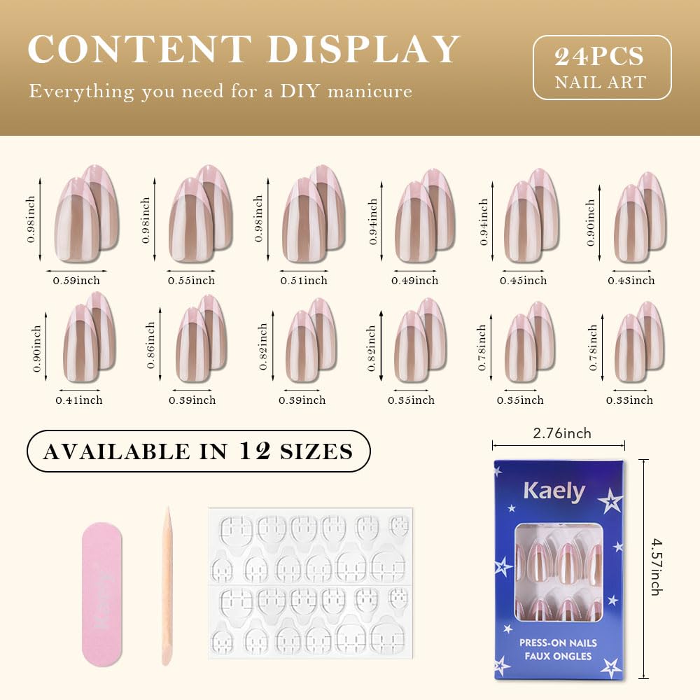 evpct French Tip Press On Nails Medium Almond No Glue, Nude Pink Tips, Chrome Glazed Glossy Medium Almond Fake False Press on Nails, Soft Stick on nail Press ons with Nail Kit, Reusable Salon-quality