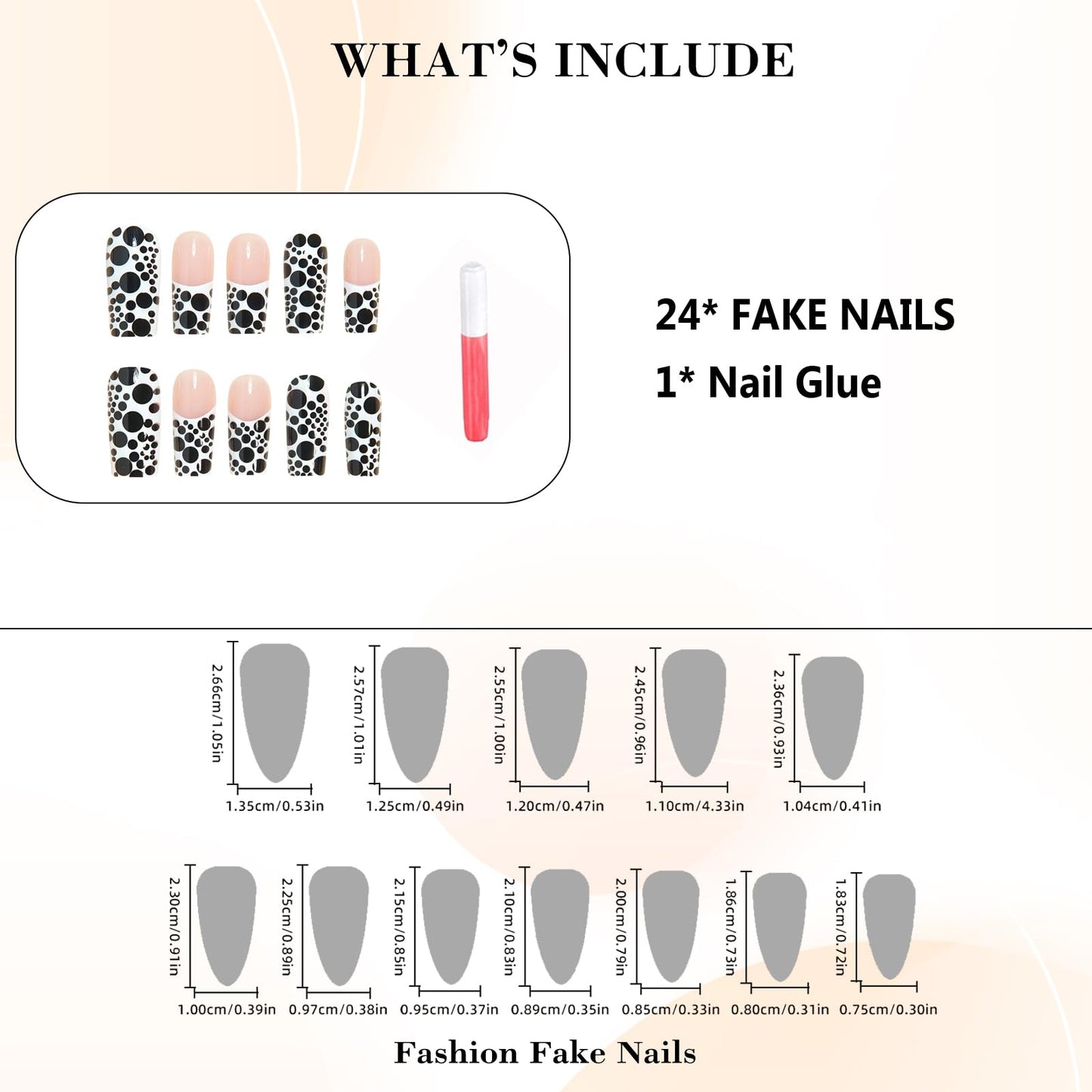 IMRAIN Press on Nails Long Square Fake Nails Glossy French Tips False Nails with Black Polka Dot Design Full Cover Glue on Nails for Women