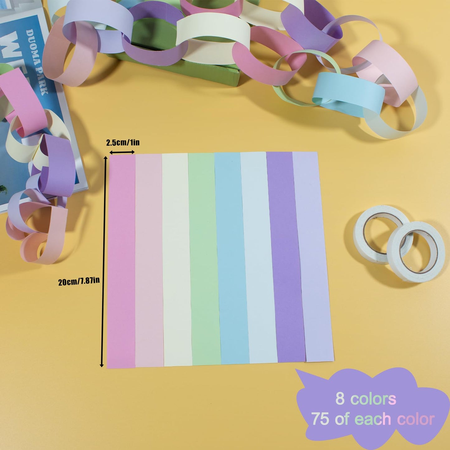 Paper Chain Garland Kit, 600 Sheets 7.9 Inch Precut Paper Strips for DIY Rainbow Chain, Construction Paper Crafts for Birthday Party Wedding Shower Decor, with Double Sided Tape (Macaron)